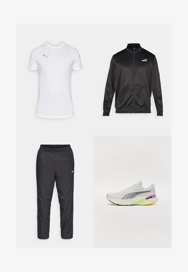 Černá bunda na zip vyrobená z hladké, lesklé látky. Má vysoký límec, dvě přední kapsy a bílé logo Puma na levé straně hrudi.; Bílé sportovní tričko s krátkým rukávem a kulatým výstřihem, vyrobené z texturované látky a s jemným šedým logem na levé horní části hrudi.; Černé sportovní kalhoty vyrobené z hladkého, lehkého materiálu. Mají elastický pas a malé bílé logo na levé straně.; Bílé sportovní boty s prodyšným síťovaným svrškem, černými akcenty a vícbarevnou podrážkou s fialovými a zelenými detaily.