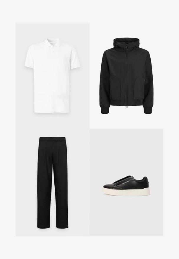 Juodas užtrauktuku užsegamas džemperis su gobtuvu, turintis priekiniais kišenėmis, elastiniais rankogaliais ir lygiu audiniu. Paprastas, struktūruotas dizainas.; Balta polo marškinėliai, pagaminti iš medvilnės, su apykakle, trijų mygtukų užsegimu ir trumpomis rankovėmis, turintys švarų, lygų paviršių.; Juodi kelnių modeliai, pagaminti iš lygios medžiagos, turi tiesią kojas, du priekiniai klostės ir standartinę juosmenį su diržo kilpomis.; Juodi slip-on sportbačiai su tekstūruota odos viršutine dalimi, balta gumine padai ir be matomų raištelių. Šone yra prekės ženklo logotipas.