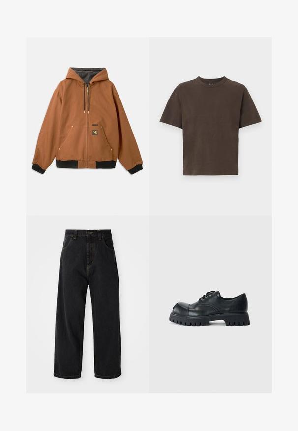 Brahns zip-up kapuce ar melnu ribotu aproci, zelta rāvējslēdzēju akcentiem un logotipa plāksni priekšpusē. Izgatavota no izturīga materiāla.; Brūns kokvilnas T-krekls ar īsām piedurknēm un apaļu dekoltē. Gluda tekstūra, minimālistisks dizains, bez rakstiem vai papildu detaļām.; Melnas platās kāju džinsu bikses ar augstu jostasvietu, priekšējo pogu, rāvējslēdzēju un dzelteno stitched lomu kabatām un šuvēm.; Melnas ādas kurpes ar šņorēm, apaļa purngala forma, masīvs gumijas zole un dekoratīva šuvuma dizains augšdaļā. Strukturēts materiāls un izturīgs izskats.