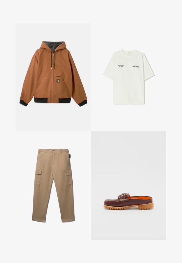 Brauner Reißverschluss-Hoodie mit Kapuze, schwarzen gerippten Bündchen, goldenen Reißverschluss-Akzenten und einem Logo-Patch auf der Vorderseite. Hergestellt aus strapazierfähigem Material.; Weißes Baumwoll-T-Shirt mit kurzen Ärmeln. Auf der Vorderseite befindet sich schwarzer Text: „NICHT MORGEN NICHT HEUTE“ und „DIE KUNST DES DIRT MOVING“ in grüner Schrift.; Beige Cargo-Hosen mit geradem Schnitt, mehreren Seiten- und Vordertaschen sowie einer glatten, strapazierfähigen Stofftextur.; Braune Leder-Slipper mit runder Zehenform, strukturiertem Steppdetail, goldenen Ösen und einer sandfarbenen, genoppten Sohle. Das Innere ist in leuchtendem Orange gehalten.