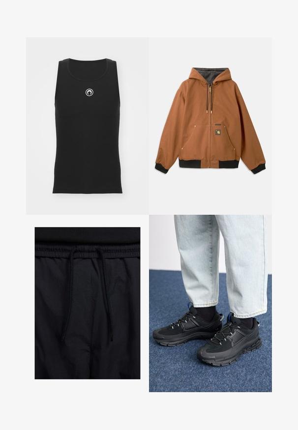 Rjava zip-up kapuca s kapuco, črnimi rebrastimi manšeti, zlatimi zadrgo in logotipom na sprednji strani. Narejena iz trpežnega materiala.; Črna rebrasta majica brez rokavov s krožnim izrezom in krožnim logotipom v beli barvi na prsih; ima prilegajoč dizajn.; Črne kratke hlače z vrvico v pasu, lahkotna tkanina z gladko teksturo in preprosto zasnovo brez vidnih logotipov ali vzorcev.; Črne športne čevlje z teksturirano tkanino in gumijastimi podplati, ki imajo elastične vezalke ter modre poudarke na peti. Nosi se z lahkimi denim hlačami.