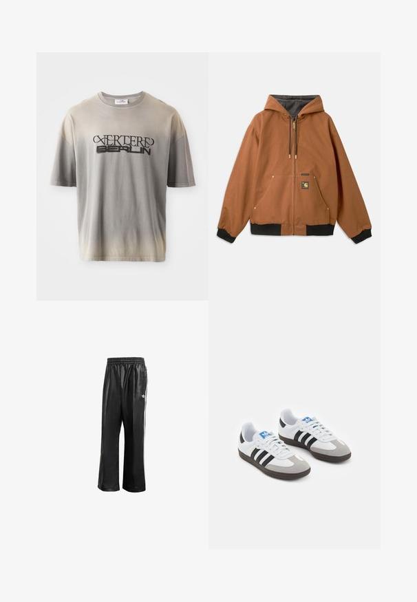 Pruun tõmblukk-auto, millel on kapuuts, mustad soonikkoes mansetid, kuldsed tõmbluku detaljid ja logo patch ees. Valmistatud vastupidavast materjalist.; Hallide üleminekuga hall t-särk lühikeste varrukatega, millel on must trükk tekstiga "VERTERE BERLIN" stiliseeritud fondis, pehme tekstuur ja mugav sobivus.; Mustad sünteetilised spordipüksid mustas värvuses, elastse vöökohaga, valgete külgmiste triipudega ja vasakul puusal väikese valge logoga.; Spordijalatsid valge nahkpealsega, halli nubuk-naha otsaga ja kolme musta triibuga. Omab sinist logo keele peal ja struktureeritud kummitalda.