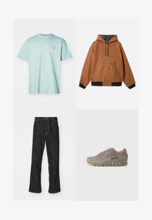 Brązowa bluza z kapturem na zamek, czarne ściągacze, złote akcenty zamka błyskawicznego oraz naszywka z logo z przodu. Wykonana z wytrzymałego materiału.; Carhartt WIP CHASE jasnozielony; Czarne dżinsy o luźnym kroju, z kontrastującymi białymi szwami, z zapięciem na guzik i prostą nogawką.; Sneaker Nike Air Max w jasnobrązowym kolorze, wykonany z materiału skórzanego, z teksturowanymi nakładkami, różowymi akcentami oraz widoczną poduszką powietrzną w podeszwie.