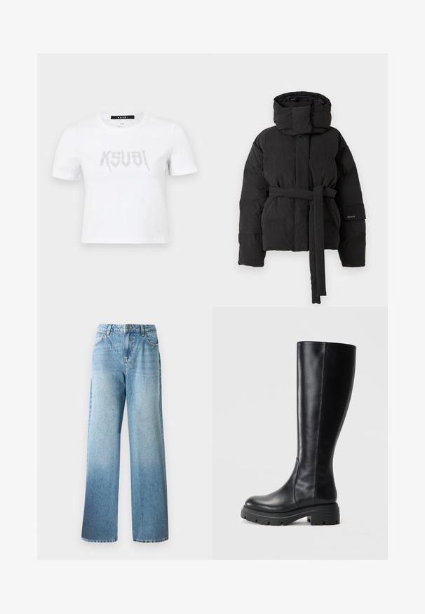 Melnā vītnes jaka ar augstu apkakli, pievienotu jostu viduklī, garām piedurknēm un sānu kabatām, attēlota uz vienkārša fona.; Bala īsa piedurkne T-krekls no kokvilnas, ar sudraba krāsas uzlīmi priekšpusē. Vienkāršs apaļais kakls un brīvs piegriezums.; Gai zili džinsi ar brīvu piegriezumu, taisni kājas un smalkiem rotājumiem. Ar tradicionālo piecu kabatu dizainu un jostas cilpiņām.; Melnas ceļgalu augstas zābaki, kas izgatavoti no gludas ādas, ar noapaļotu purngalu un masīvu gumijas zoli ar zobratu rakstiem, kas nodrošina saķeri.