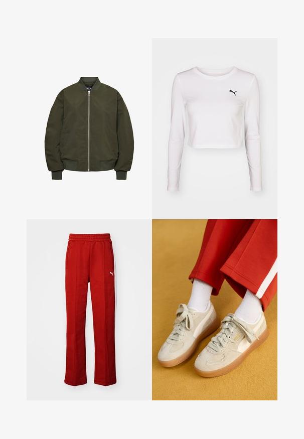Alyvuogių žalia bomber tipo striukė su užtrauktuku, elastiniais rankogaliais ir apvadu, dviem šoninėmis kišenėmis ir lygiu paviršiumi.; Ilgais rankovės, trumpas marškinėlis iš baltos medvilnės su juodu Puma logotipu kairėje krūtinės pusėje. Lygus paviršius, apvalus iškirpimas ir prigludusios rankovės.; Raudoni sportiniai džinsai su minkšta struktūra, elastinga juosmeniu ir dviem šoniniais užtrauktukais. Savybė - balta juostelė šonuose ir mažas logotipas.; Puma PALERMO MODA XTRA - Sportbačiai - desert dust/frosted ivory/gold