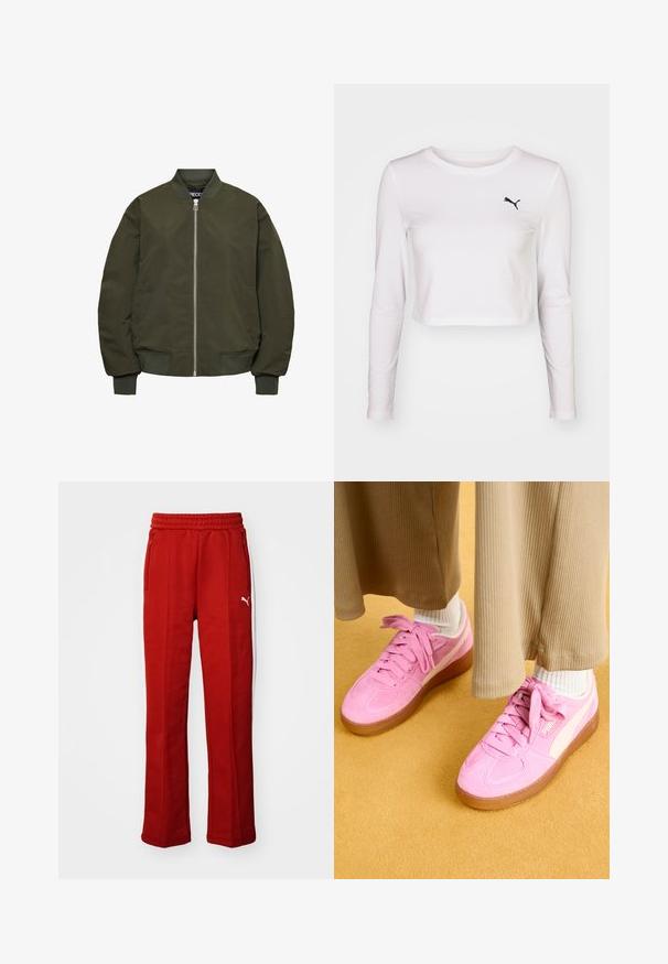 Olivovo zelená bombardérska bunda so zipsovým zapínaním, rebrovými manžetami a lemom, dvomi bočnými vreckami a hladkým povrchom.; Dlho-sleeve, skrátené tričko s dlhým rukávom z bielej bavlny s čiernym logom Puma na ľavej strane hrude. Hladká textura, okrúhly výstrih a priliehavé rukávy.; Červené teplákové nohavice s jemnou textúrou, elastickým pásom a s dvoma bočnými zipsovými vreckami. Obsahujú biely pruh pozdĺž strán a malé logo.; Puma PALERMO MODA XTRA - Tenisky - mauved out/island pink/gold