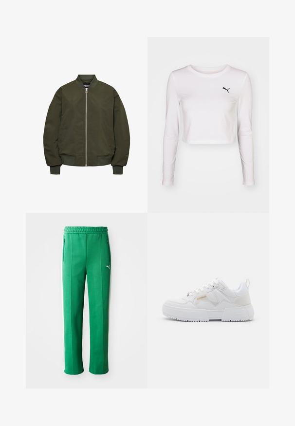 Oliven grøn bomberjakke med lynlås i front, ribbede manchetter og nederdel, to sidelommer og en glat tekstur.; Langærmet, cropped t-shirt i hvid bomuld med et sort Puma-logo på venstre bryst. Glat tekstur, rund halsudskæring og tætsiddende ærmer.; Grønne atletiske bukser med en tekstureret finish, elastisk talje, sidelommer og hvide sidelister. Brøndens logo synligt foran.; Hvide sneakers med et chunky design, fremstillet af læder og syntetiske materialer, med teksturerede detaljer, snørebånd og et fremtrædende logo i guld.