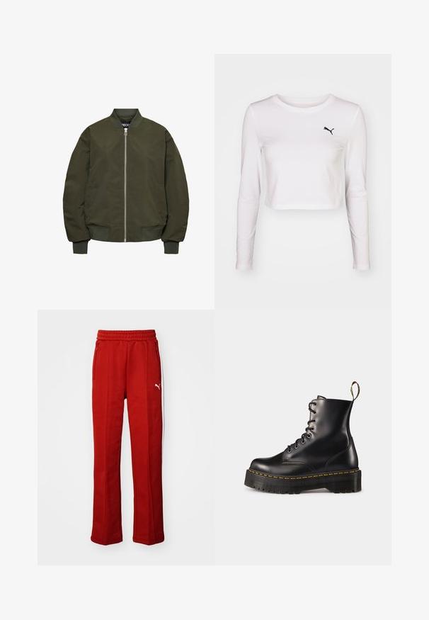 Oliwkowa kurtka bomberka z zamkiem błyskawicznym, ściągaczami przy mankietach i zakończeniu, dwoma kieszeniami bocznymi oraz gładką strukturą.; Biała, krótko krojona koszulka z długim rękawem z bawełny z czarnym logo Pumy na lewej stronie klatki piersiowej. Gładka faktura, okrągły dekolt i dopasowane rękawy.; Czerwone dresy z miękkiej tkaniny, elastycznym pasem w talii i dwiema bocznymi kieszeniami na zamek. Posiadają biały pasek wzdłuż boków oraz małe logo.; Czarne skórzane buty za kostkę z sznurówkami, z masywną czarną podeszwą i żółtym przeszyciem. Posiadają pętelkę z tyłu oraz okrągłe metalowe oczka.