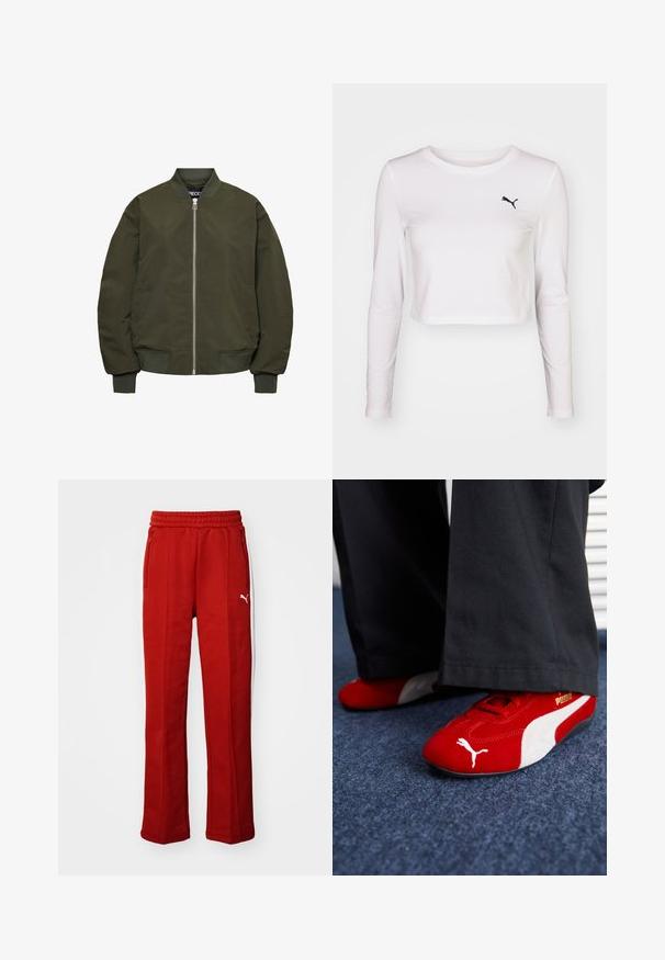 Oliven grøn bomberjakke med lynlås i front, ribbede manchetter og nederdel, to sidelommer og en glat tekstur.; Langærmet, cropped t-shirt i hvid bomuld med et sort Puma-logo på venstre bryst. Glat tekstur, rund halsudskæring og tætsiddende ærmer.; Røde sweatpants med en blød tekstur, elastisk talje og to sidelommer med lynlås. Har en hvid streg langs siderne og et lille logo.; Røde ruskindsnikers med hvide accenter, der har struktureret materiale, rund tå og et guld logo på siden, båret med sorte bukser.