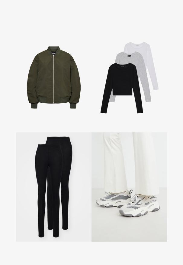 Oliwkowa kurtka bomberka z zamkiem błyskawicznym, ściągaczami przy mankietach i zakończeniu, dwoma kieszeniami bocznymi oraz gładką strukturą.; Trzy bluzki z długim rękawem ułożone jedna na drugiej: czarna, szara i biała. Każda z okrągłym dekoltem i skróconym fasonem, wykonana z gładkiego, lekkiego materiału.; Czarne legginsy z gładkiego, elastycznego materiału z wysokim stanem. Charakteryzują się dopasowanym krojem i długością do kostek. Wyeksponowane dwa pary.; Masywne sportowe sneakersy w jasnoszarym kolorze, z mieszanką siatkowych i tekstylnych materiałów, z wzorzystymi akcentami i grubą gumową podeszwą.