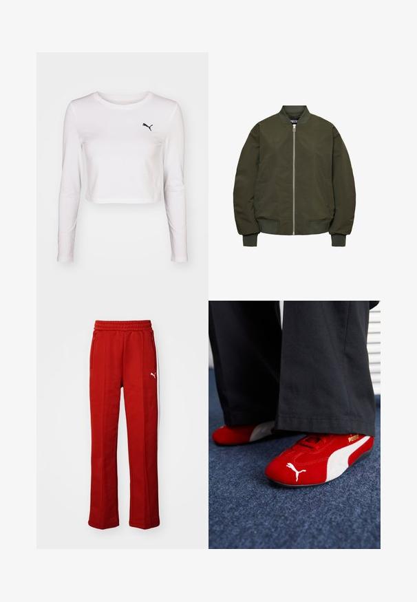 Alyvuogių žalia bomber tipo striukė su užtrauktuku, elastiniais rankogaliais ir apvadu, dviem šoninėmis kišenėmis ir lygiu paviršiumi.; Ilgais rankovės, trumpas marškinėlis iš baltos medvilnės su juodu Puma logotipu kairėje krūtinės pusėje. Lygus paviršius, apvalus iškirpimas ir prigludusios rankovės.; Raudoni sportiniai džinsai su minkšta struktūra, elastinga juosmeniu ir dviem šoniniais užtrauktukais. Savybė - balta juostelė šonuose ir mažas logotipas.; Raudoni zomšiniai sportbačiai su baltais akcentais, turintys tekstūruotą medžiagą, apvalią nosį ir auksinį logotipą šone, dėvimi su juodomis kelnėmis.