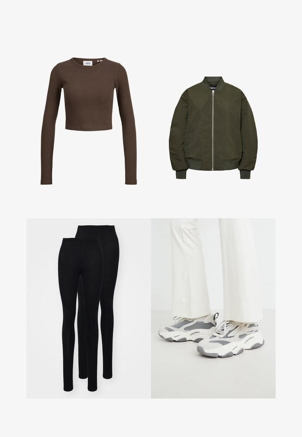 Olive roheline bomber-jakk, millel on tõmblukk, ribakudumiga mansetid ja äär, kaks küljetaskut ja sile tekstuur.; Pruuni ribaga pikkade varrukatega lühike topp ümmarguse kaelusega. Kangas on sile, keha lähedase lõikega, sisaldab minimaalset brändimist sisetikandil.; Mustad mustad retuusid siledast ja elastsetest materjalidest, millel on kõrge vöökoht. Omavad istuvat siluetti ja pahkluu pikkust disaini. Kuvatud on kaks paari.; Köiedesti sportlikud tossud helesinises värvitoonis, mis on valmistatud koos võrgu ja tekstiilmaterjalide segu, mustriliste aktsentidega ja paksu kummitald.