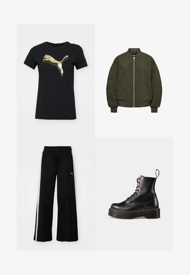 Chaqueta bomber verde oliva con cierre de cremallera, puños y dobladillo de canalé, dos bolsillos laterales y una textura suave.; Camiseta de algodón negra con un logo de gato saltando en metal dorado en el frente, con cuello redondo clásico y mangas cortas.; Pantalones anchos negros con cintura elástica, rayas blancas verticales, bolsillos laterales con cremallera y un pequeño logo en el muslo.; Botas de tobillo negras de cuero con cordones, con una suela negra gruesa y costuras amarillas. Presentan una lengüeta en la parte trasera y ojales metálicos circulares.