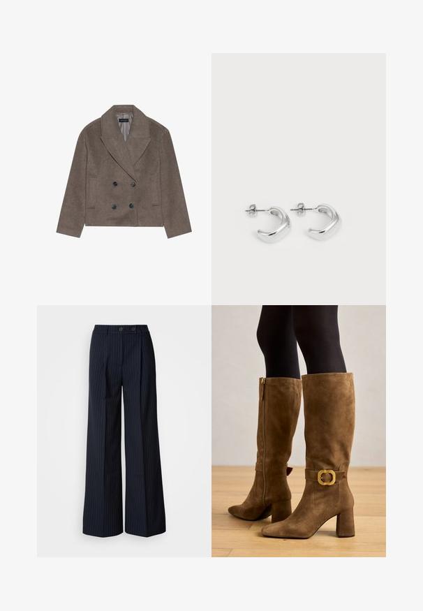 Palton din amestec de lână maro, având un model cu două rânduri de nasturi, nasturi negri mari, rever ascuțit și buzunare laterale, conceput cu o lungime scurtă.; Două tricouri albe din bumbac, cu mâneci scurte, guler rotund și o siluetă ajustată, având o textură netedă și un design minimalist.; Pantaloni largi cu dungi navy, cu două butoane în față, design cu tăietură, pliu pe față și o textură fină.; Bocanci din suede maro, până la genunchi, cu o cataramă aurie pătrată, toc masiv și vârf ascuțit, având un fermoar pe lateral pentru a fi ușor de purtat.; Cercei rotunzi din argint cu o finisare netedă și lustruită. Formă rotundă cu un design ușor curbat și margini armonizate. Închidere cu pini.