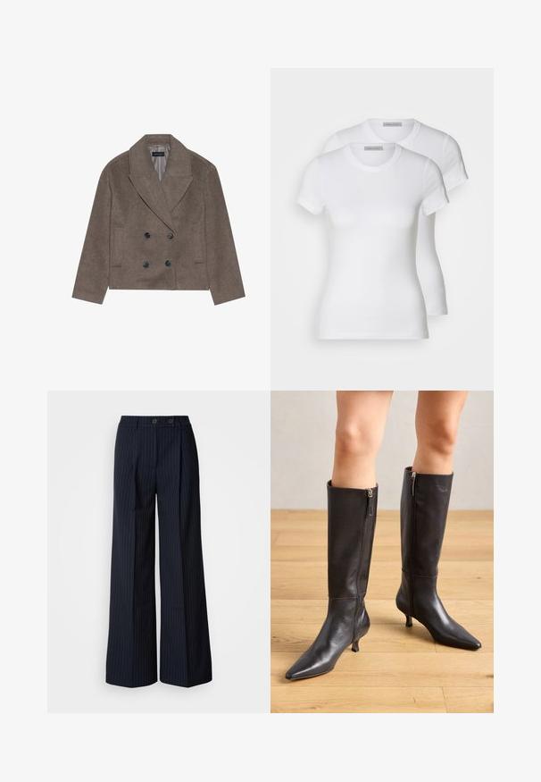 Pruun villa segu peacoat, millel on topelt nööpidega esiosa, suured mustad nööbid, teravad kraed ja küljetaskud, mille disain on lühendatud pikkusega.; Kaks valget puuvillast T-särki lühikeste varrukatega, ümarate kaelustega ja kitseneva siluetiga, millel on sujuv tekstuur ja minimalistlik disain.; Tumesinine triibuline laia säärega püksid kahe esiknööriga, kohandatud disain, voldi ning siledat tekstuuri.; Mustad musta nahast sääreka kõrguses saapad, millel on terav varvas ja peen konts. Külgedel on tõmblukud, mis muudavad jalga panemise mugavaks. Siledat tekstuuri ja stiilne disain.