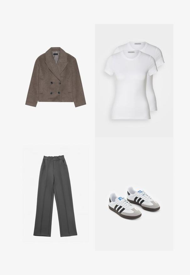 Brown wool-blend peacoat featuring a double-breasted front, large black buttons, pointed lapels, and side pockets, designed with a cropped length.; Two white cotton t-shirts with short sleeves, round necklines, and a fitted silhouette, displaying a smooth texture and minimalistic design.; Gray, wide-leg pants with a ruffled waistband, two side pockets, and straight seams, made from a smooth, lightweight fabric.; Sport shoes with a white leather upper, gray suede toe, and three black stripes. Features a blue logo on the tongue and a textured rubber sole.