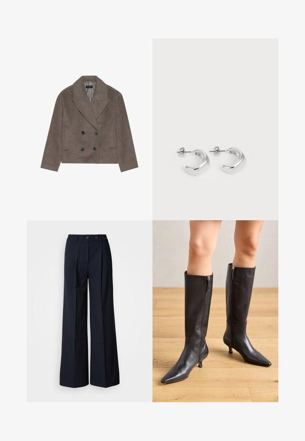 Barna gyapjú keverék peacoat, dupla gombolású elülső résszel, nagy fekete gombokkal, hegyes hajtókákkal és oldalsó zsebekkel, rövidített hosszúsággal tervezve.; Hosszú ujjú krémszínű pamut póló, kerek nyakkivágással, testhezálló fazonban és kis logó részlettel az alján. Sima textúra.; Tengerészkék csíkozott, széles lábú nadrág, elöl két gombbal, testre szabott kialakítással, elöl gyűrődéssel és sima textúrával.; Fekete bőrből készült, térd fölé érő csizmák, hegyes orral és karcsú sarokkal. Oldalsó cipzárral a könnyű felhúzás érdekében. Simítású felület és elegáns dizájn.; Ezüst karika fülbevalók sima, fényes felülettel. Kerek forma, enyhén ívelt dizájnnal és összemosott szélekkel. Rögzítő csattal.