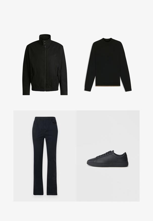 Black jacket with a high collar, zippered front, and elastic waistband. Features side pockets with cover flaps and subtle logo detailing.; Black knit sweater with long sleeves and a high neck. Features a gold accent at the hem. Smooth texture and fitted design.; Dark blue cotton trousers with a straight-leg design, featuring two front pockets, a button closure, and minimalistic stitching details.; Black sneakers made of smooth leather with a low-top design, round toe, and flat rubber sole. Features laces and subtle branding.