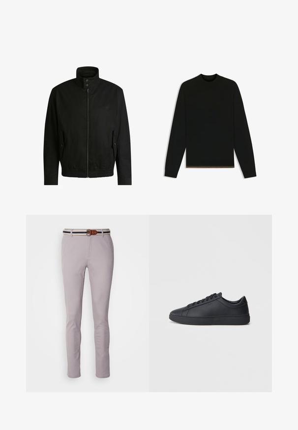 Veste noire avec un col haut, fermeture éclair à l'avant et taille élastique. Dispose de poches latérales avec rabats de protection et d'un logo discret.; Pull en maille noir à manches longues et col montant. Doté d'une accentuation dorée à l'ourlet. Texture lisse et coupe ajustée.; Pantalon gris clair en mélange de coton, avec une coupe slim, un devant plat et une ceinture rayée marron et marine avec une boucle rectangulaire.; Baskets noires en cuir lisse avec un design bas, bout rond et semelle en caoutchouc plate. Elles sont dotées de lacets et d'un branding subtil.
