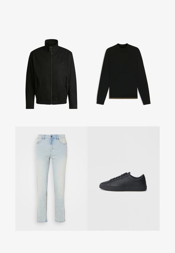 Black jacket with a high collar, zippered front, and elastic waistband. Features side pockets with cover flaps and subtle logo detailing.; Black knit sweater with long sleeves and a high neck. Features a gold accent at the hem. Smooth texture and fitted design.; Light blue denim jeans with a straight leg design, featuring front pockets, a button closure, and slight fading details.; Black sneakers made of smooth leather with a low-top design, round toe, and flat rubber sole. Features laces and subtle branding.