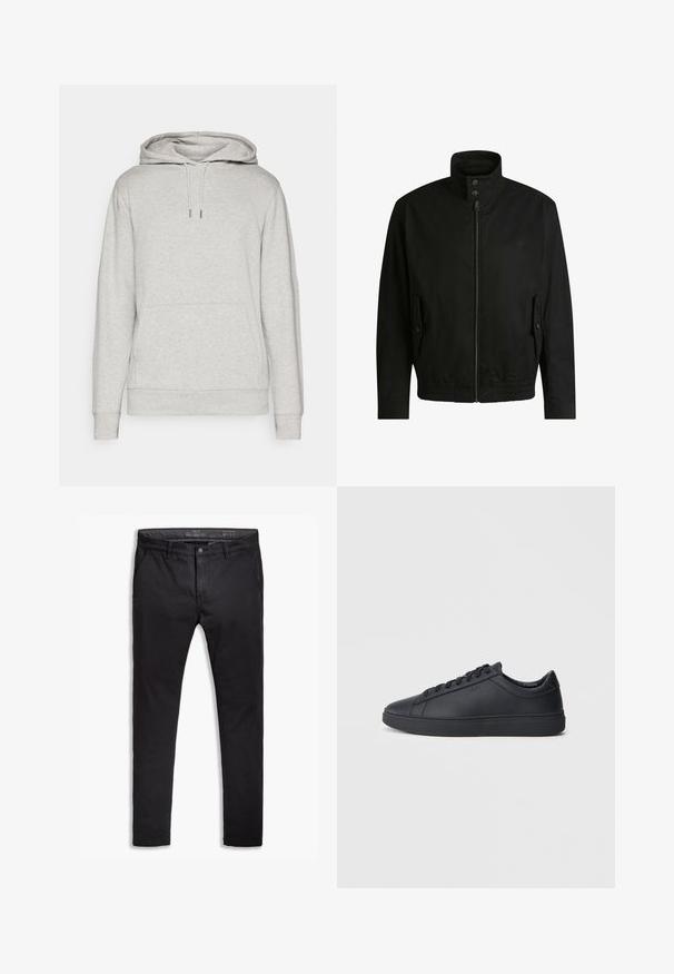 Giacca nera con colletto alto, chiusura con zip e vita elasticizzata. Presenta tasche laterali con flap di copertura e dettagli del logo discreti.; Felpa grigia chiara con tasca frontale, cappuccio con coulisse, polsini e orlo a coste. Realizzata in un materiale morbido con una texture liscia.; Chinos neri in cotone con vestibilità affusolata, dotati di cinque tasche, passanti per cintura e una superficie liscia. Chiusura con zip e bottone.; Sneakers neri realizzati in pelle liscia, con design a bassa cima, punta rotonda e suola piatta in gomma. Presentano lacci e un branding discreto.