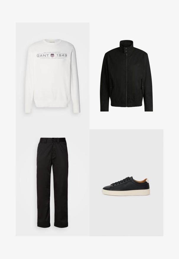 Schwarze Jacke mit hohem Kragen, Reißverschluss vorne und elastischem Bund. Enthält Seitentaschen mit Klappen und dezenten Logodetails.; Weißer Sweatshirt mit langen Ärmeln, Rundhalsausschnitt und gerippten Bündchen. Enthält den Text "GANT 1949" sowie ein Logo in Dunkelblau und Rot.; Schwarze Hose aus glattem Stoff, mit Reißverschluss, Knopfverschluss und umgeschlagenen Säumen für ein lässiges Design.; Schwarze Ledersneaker mit glatter Textur, beiger Gummisohle, Schnürdesign und einem kontrastierenden Fersenakzent.