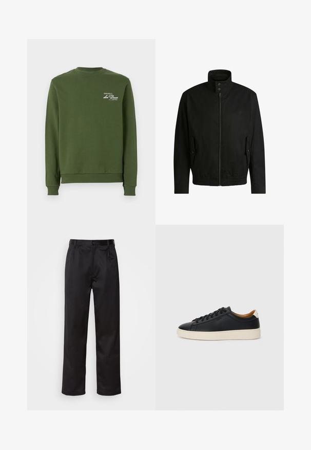 Musta takki korkealla kauluksella, vetoketjulla edessä ja joustavalla vyötäröllä. Varustettu sivutaskuilla, joissa on suojapeitteet ja hienovarainen logotaito.; Oliivinvihreä huppari, jossa on ribbikerroksinen pyöreä kaula-aukko, pitkät hihat ja pehmeä pinta. Rintakehällä valkoista painettua brändäystä.; Musta housut sileästä kankaasta, joissa on etupainike, laskokset ja suorat lahkeet. Ei näkyviä kuvioita tai korostuksia.; Mustat nahkasneakerit, joissa on sileä pinta, beige kumipohja, nauhakiinnitys ja erottuva kanta-aksentti.