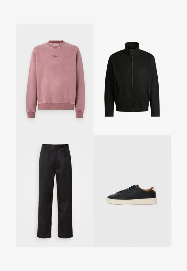 Black jacket with a high collar, zippered front, and elastic waistband. Features side pockets with cover flaps and subtle logo detailing.; Rose pink sweatshirt with a textured fabric, ribbed cuffs and neckline, and embroidered logo details in black on the front.; Black trousers made of smooth fabric, featuring a front button closure, pleats, and straight legs. No visible patterns or accents.; Black leather sneakers with a smooth texture, beige rubber sole, lace-up design, and a contrasting heel accent.