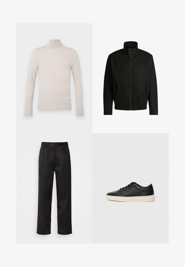 Black jacket with a high collar, zippered front, and elastic waistband. Features side pockets with cover flaps and subtle logo detailing.; Light beige turtleneck sweater made of smooth fabric, featuring long sleeves and a fitted design, with a ribbed neckline and cuffs.; Black trousers made of smooth fabric, featuring a front button closure, pleats, and straight legs. No visible patterns or accents.; Black low-top leather sneaker with black laces and off-white sole shown in side profile on white background.