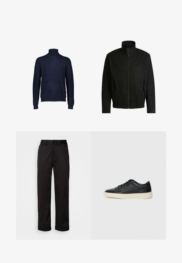 Schwarze Jacke mit hohem Kragen, Reißverschluss vorne und elastischem Bund. Enthält Seitentaschen mit Klappen und dezenten Logodetails.; Navyblauer Rollkragenpullover aus weichem Strickstoff. Mit langen Ärmeln und einem gerippten Kragen sowie Saum. Keine sichtbaren Muster oder Akzente.; Schwarze Hose aus glattem Stoff, mit Reißverschluss, Knopfverschluss und umgeschlagenen Säumen für ein lässiges Design.; Schwarzer niedriger Ledersneaker mit schwarzen Schnürsenkeln und cremefarbenem Sohlenrand, seitlich auf weißem Hintergrund dargestellt.