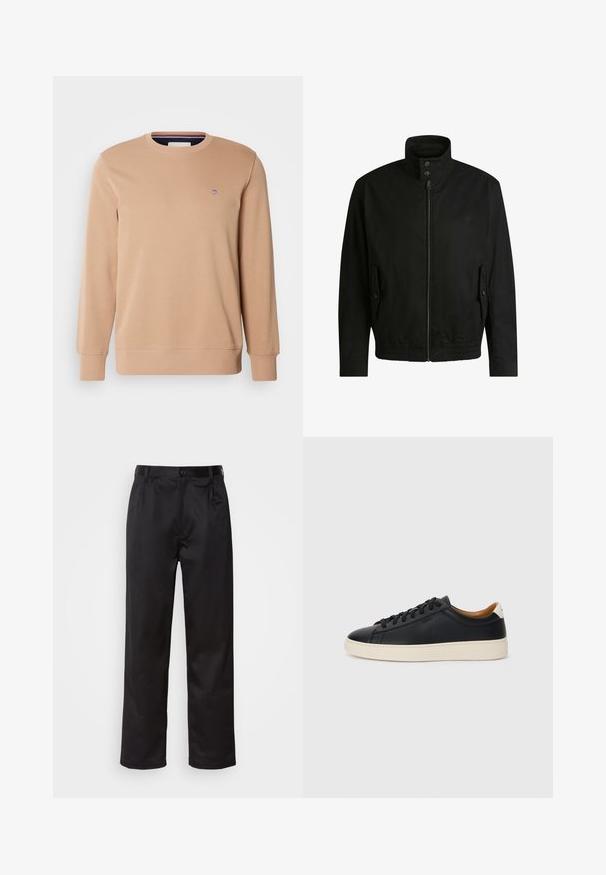 Zwarte jas met een hoge kraag, ritssluiting aan de voorkant en elastische tailleband. Voorzien van zijzakken met deksels en subtiele logo-details.; GANT SHIELD C NECK - Sweater - warm khaki; Zwarte broek van een gladde stof, met een sluiting met een knoop aan de voorkant, plooien en rechte pijpen. Geen zichtbare patronen of accenten.; Zwarte leren sneakers met een gladde textuur, beige rubberen zool, vetersluiting en een contrasterende hielaccent.