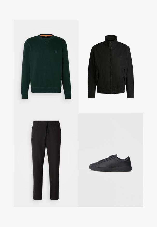 Zwarte jas met een hoge kraag, ritssluiting aan de voorkant en elastische tailleband. Voorzien van zijzakken met deksels en subtiele logo-details.; Donkergroene sweatshirt van zachte stof, met een ronde hals, geribde manchetten en een klein logo-opdruk op de borst. Glad van structuur.; Zwarte joggingsbroek van gladde stof. Kenmerkt zich door een elastische tailleband met een trekkoord, taps toelopende benen en geen zichtbare zakken. Eenvoudig ontwerp.; Zwarte sneakers van glad leer met een lage schacht, ronde neus en platte rubberen zool. Voorzien van veters en subtiele branding.