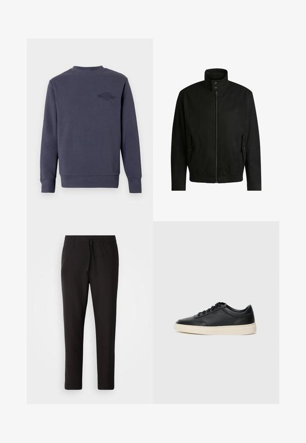 Giacca nera con colletto alto, chiusura con zip e vita elasticizzata. Presenta tasche laterali con flap di copertura e dettagli del logo discreti.; Felpa blu navy scuro, realizzata in tessuto morbido, con scollo rotondo e polsini a coste. Logo ricamato sul petto a sinistra.; Pantaloni jogger neri realizzati in tessuto liscio. Presentano una vita elasticizzata con stringa, gambe affusolate e senza tasche visibili. Design semplice.; Sneaker in pelle nera a basso profilo con lacci neri e suola avorio, mostrato di profilo su sfondo bianco.