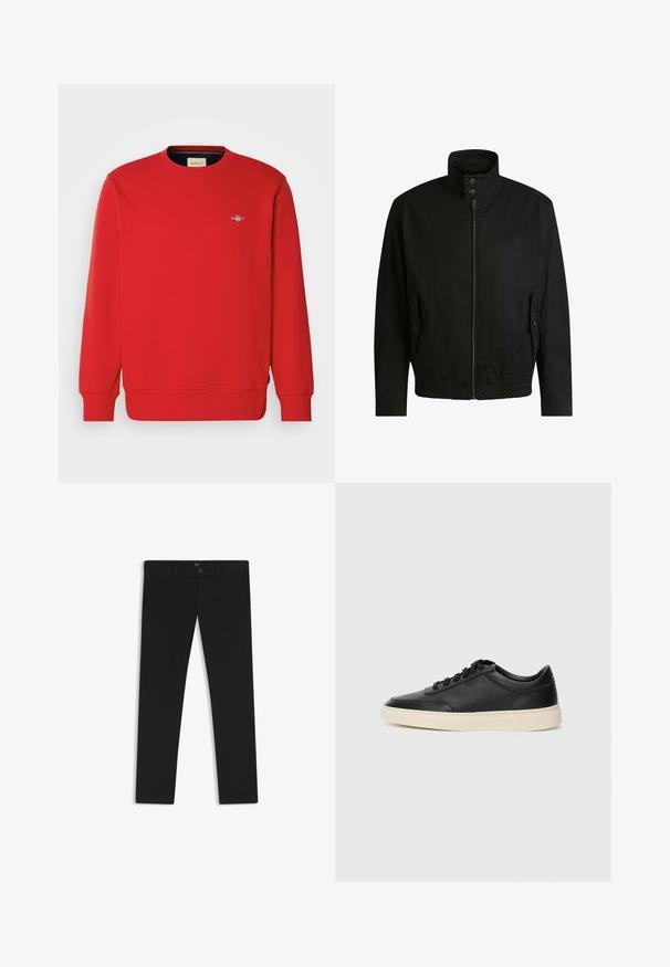 Musta takki korkealla kauluksella, vetoketjulla edessä ja joustavalla vyötäröllä. Varustettu sivutaskuilla, joissa on suojapeitteet ja hienovarainen logotaito.; Punainen huppari, jossa on pitkät hihat, pyöreä kaula-aukko ja joustavat hihansuut. Edessä pieni logo rinnassa. Valmistettu sileästä, sekoitekankaasta.; Mustat housut, jotka on valmistettu sileätekstiilisestä kankaasta. Varustettu nappikiinnityksellä, vyölenkeillä ja sivutaskuilla. Standardi suora lahjemalli.; Musta matalavartinen nahkastretchu, jossa on mustat nauhat ja vaaleanharmaa pohja, esitetty sivuprofiilissa valkoista taustaa vasten.