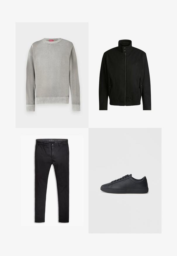 Zwarte jas met een hoge kraag, ritssluiting aan de voorkant en elastische tailleband. Voorzien van zijzakken met deksels en subtiele logo-details.; Lichtgrijze trui met een ronde hals, lange mouwen, ribgebreide manchetten en zoom. Gemaakt van zacht materiaal met een gladde textuur. Heeft een zichtbare merklabel.; Zwarte katoenen chinos met een taps toelopende pasvorm, voorzien van vijf zakken, riemlussen en een gladde textuur. Ritssluiting met een knoopsluiting.; Zwarte sneakers van glad leer met een lage schacht, ronde neus en platte rubberen zool. Voorzien van veters en subtiele branding.