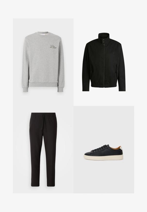 Schwarze Jacke mit hohem Kragen, Reißverschluss vorne und elastischem Bund. Enthält Seitentaschen mit Klappen und dezenten Logodetails.; Grauer Sweatshirt aus weichem Baumwoll-Mix, mit Rundhalsausschnitt, gerippten Bündchen und einem kleinen dunkelgrünen Logo auf der Brust.; Schwarze Jogginghose aus glattem Stoff. Mit einem elastischen Bund und Kordelzug, schmal zulaufenden Beinen und ohne sichtbare Taschen. Einfaches Design.; Schwarze Ledersneaker mit glatter Textur, beiger Gummisohle, Schnürdesign und einem kontrastierenden Fersenakzent.