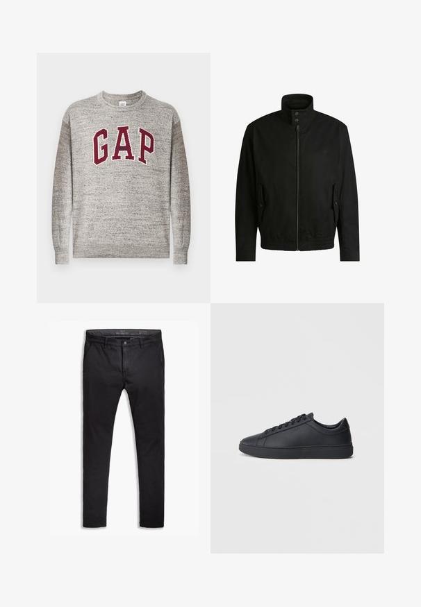 Black jacket with a high collar, zippered front, and elastic waistband. Features side pockets with cover flaps and subtle logo detailing.; Gray crewneck sweater with maroon "GAP" letters and small "Athletic" text centered on the chest, ribbed cuffs and hem.; Black cotton chinos with a tapered fit, featuring five pockets, belt loops, and a smooth texture. Zip fly with a button closure.; Black sneakers made of smooth leather with a low-top design, round toe, and flat rubber sole. Features laces and subtle branding.