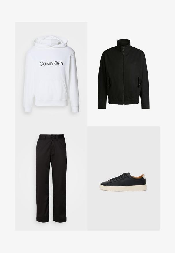Schwarze Jacke mit hohem Kragen, Reißverschluss vorne und elastischem Bund. Enthält Seitentaschen mit Klappen und dezenten Logodetails.; Weißer Kapuzenpullover mit einer Vorderfronttasche, auf der "Calvin Klein" in dunkelgrauem Text über die Brust gedruckt ist. Hergestellt aus weichem Stoff.; Schwarze Hose aus glattem Stoff, mit Reißverschluss, Knopfverschluss und umgeschlagenen Säumen für ein lässiges Design.; Schwarze Ledersneaker mit glatter Textur, beiger Gummisohle, Schnürdesign und einem kontrastierenden Fersenakzent.