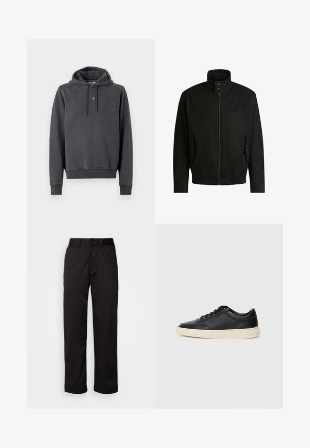 Schwarze Jacke mit hohem Kragen, Reißverschluss vorne und elastischem Bund. Enthält Seitentaschen mit Klappen und dezenten Logodetails.; Hoodie in Dunkelgrau, aus weichem Baumwollmix. Mit Kängurutasche, gerippten Bündchen und kleinem Logo auf der Brust.; Schwarze Hose aus glattem Stoff, mit Reißverschluss, Knopfverschluss und umgeschlagenen Säumen für ein lässiges Design.; Schwarzer niedriger Ledersneaker mit schwarzen Schnürsenkeln und cremefarbenem Sohlenrand, seitlich auf weißem Hintergrund dargestellt.