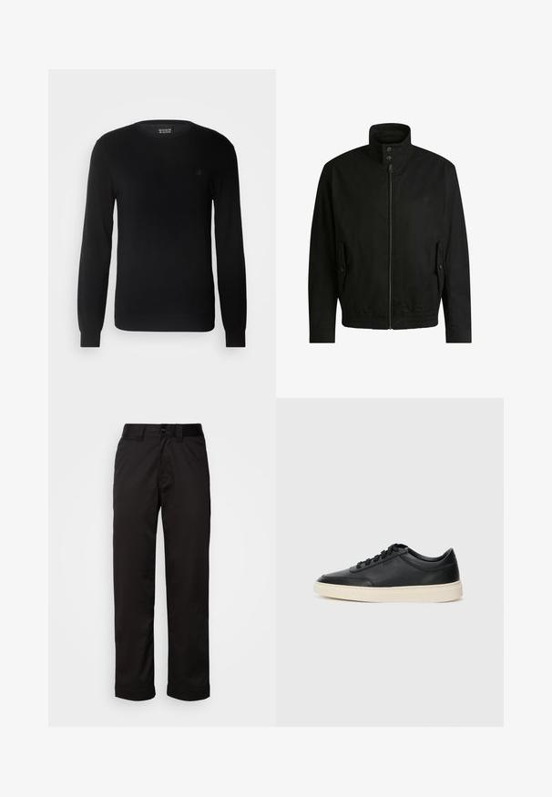 Schwarze Jacke mit hohem Kragen, Reißverschluss vorne und elastischem Bund. Enthält Seitentaschen mit Klappen und dezenten Logodetails.; Schwarzer Strickpullover mit Rundhalsausschnitt, langen Ärmeln und kleinem gesticktem Logo auf der Brust. Weicher Griff und taillierte Passform.; Schwarze Hose aus glattem Stoff, mit Reißverschluss, Knopfverschluss und umgeschlagenen Säumen für ein lässiges Design.; Schwarzer niedriger Ledersneaker mit schwarzen Schnürsenkeln und cremefarbenem Sohlenrand, seitlich auf weißem Hintergrund dargestellt.