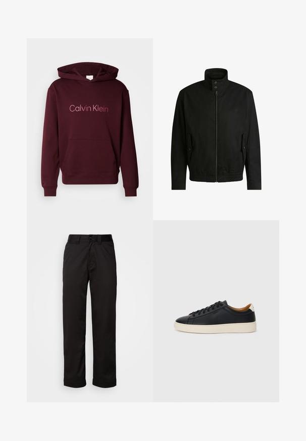 Schwarze Jacke mit hohem Kragen, Reißverschluss vorne und elastischem Bund. Enthält Seitentaschen mit Klappen und dezenten Logodetails.; Burgunderfarbener Kapuzenpullover mit einer Fronttasche, mit dem "Calvin Klein"-Logo in hellerer Schrift. Hergestellt aus einem weichen Baumwollmischgewebe.; Schwarze Hose aus glattem Stoff, mit Reißverschluss, Knopfverschluss und umgeschlagenen Säumen für ein lässiges Design.; Schwarze Ledersneaker mit glatter Textur, beiger Gummisohle, Schnürdesign und einem kontrastierenden Fersenakzent.
