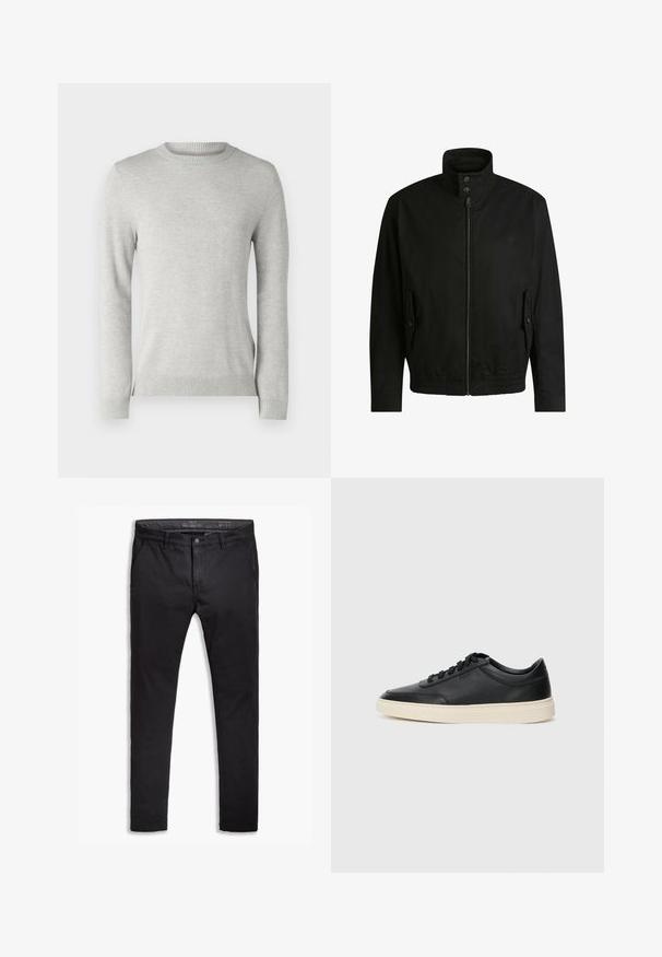 Veste noire avec un col haut, fermeture éclair à l'avant et taille élastique. Dispose de poches latérales avec rabats de protection et d'un logo discret.; Pull en tricot gris clair avec un col rond, des manches longues, un motif texturé et des poignets et un ourlet côtelés. Tissu doux et respirant.; Chinos en coton noirs avec une coupe fuselée, dotés de cinq poches, passants de ceinture et d'une texture lisse. Braguette à zip avec fermeture boutonnée.; Baskets en cuir noires à tiges basses avec lacets noirs et semelle ivoire, présentées en profil latéral sur fond blanc.