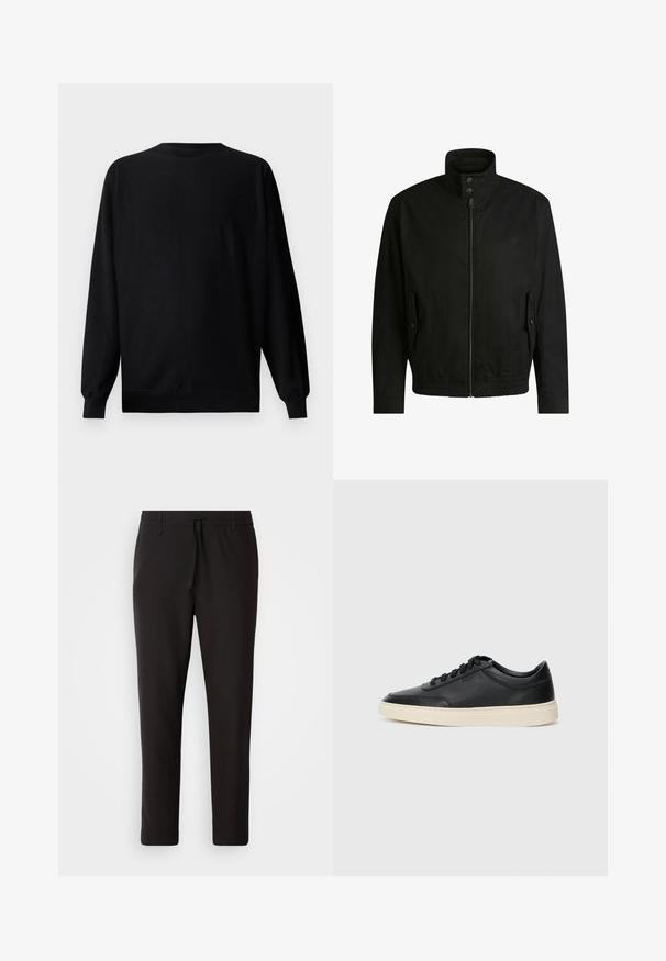Giacca nera con colletto alto, chiusura con zip e vita elasticizzata. Presenta tasche laterali con flap di copertura e dettagli del logo discreti.; Felpa nera con maniche lunghe, scollatura a girocollo e polsini a costine. Presenta un logo goffrato discreto nella zona sinistra del petto.; Pantaloni jogger neri realizzati in tessuto liscio. Presentano una vita elasticizzata con stringa, gambe affusolate e senza tasche visibili. Design semplice.; Sneaker in pelle nera a basso profilo con lacci neri e suola avorio, mostrato di profilo su sfondo bianco.