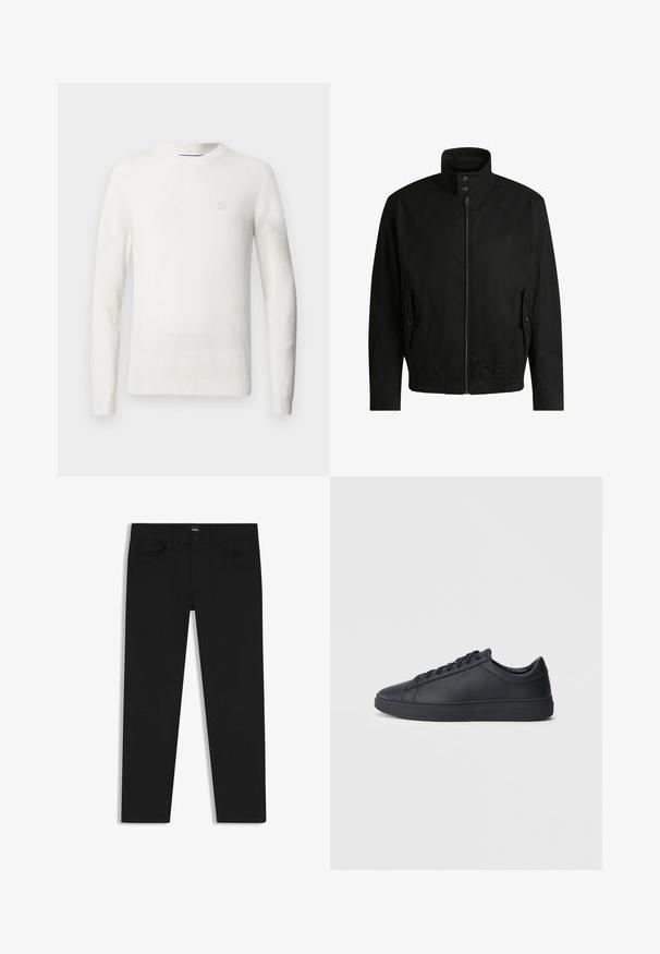 Giacca nera con colletto alto, chiusura con zip e vita elasticizzata. Presenta tasche laterali con flap di copertura e dettagli del logo discreti.; Maglione bianco a coste con maniche lunghe, colletto rotondo e piccolo logo sul petto. Texture morbida e design aderente.; Pantaloni in denim nero con taglio dritto, dotati di vita standard, cinque tasche e chiusura con bottone. Texture liscia su tutta la superficie.; Sneakers neri realizzati in pelle liscia, con design a bassa cima, punta rotonda e suola piatta in gomma. Presentano lacci e un branding discreto.