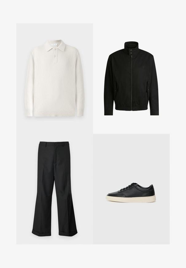Giacca nera con colletto alto, chiusura con zip e vita elasticizzata. Presenta tasche laterali con flap di copertura e dettagli del logo discreti.; Maglione polo lavorato a maglia beige chiaro con texture a coste, colletto e due bottoni. Presenta maniche lunghe e orlo aderente.; Pantaloni neri a gamba larga con vita con bottoni e orli risvoltati, esposti su uno sfondo bianco uniforme.; Sneaker in pelle nera a basso profilo con lacci neri e suola avorio, mostrato di profilo su sfondo bianco.