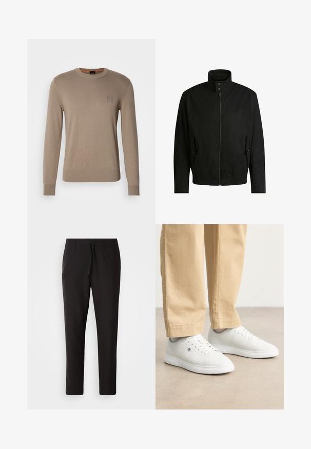 Black jacket with a high collar, zippered front, and elastic waistband. Features side pockets with cover flaps and subtle logo detailing.; Men’s beige crewneck sweater with long sleeves, ribbed cuffs and hem, featuring a small square logo patch on the chest.; Black jogger pants made of smooth fabric. Feature an elastic waistband with a drawstring, tapered legs, and no visible pockets. Simple design.; White leather sneakers with a smooth finish, featuring round toe, lace-up design, and subtle logo detail on the side, paired with beige pants.