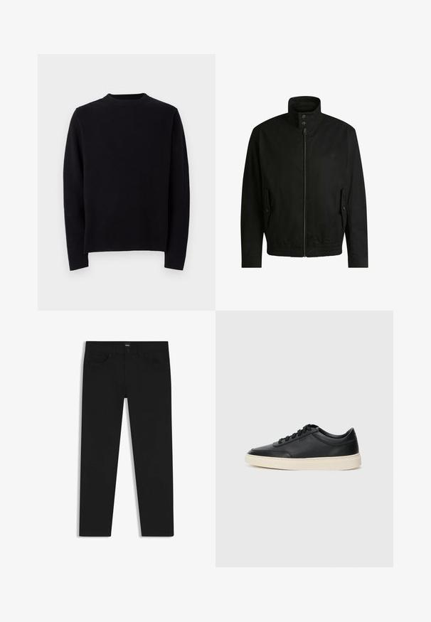 Schwarze Jacke mit hohem Kragen, Reißverschluss vorne und elastischem Bund. Enthält Seitentaschen mit Klappen und dezenten Logodetails.; Schwarzer gestrickter Pullover mit langen Ärmeln, rundem, geripptem Ausschnitt und geradem Schnitt. Glatte Textur ohne sichtbare Muster oder Akzente.; Schwarze Denim-Hosen mit geradem Schnitt, ausgestattet mit einem Standardbund, fünf Taschen und einem Knopfverschluss. Angenehme, glatte Textur.; Schwarzer niedriger Ledersneaker mit schwarzen Schnürsenkeln und cremefarbenem Sohlenrand, seitlich auf weißem Hintergrund dargestellt.