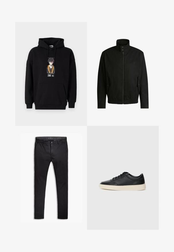 Sort jakke med høj krave, lynlåslukning foran og elastisk liv. Har sidelommer med coverlapper og subtile logo-detaljer.; Sort hættetrøje med en frontkanguro lomme, med et trykt grafik af en karakter. Fabrik i bomuldsblanding, ribbede manchetter og kant.; Sorte bomulds-chinos med tapered fit, der har fem lommer, bæltestropper og en glat texure. Lynlås med knaplukning.; Sort lavt top lædersneaker med sorte snørebånd og off-white sål vist i sideprofil på hvid baggrund.