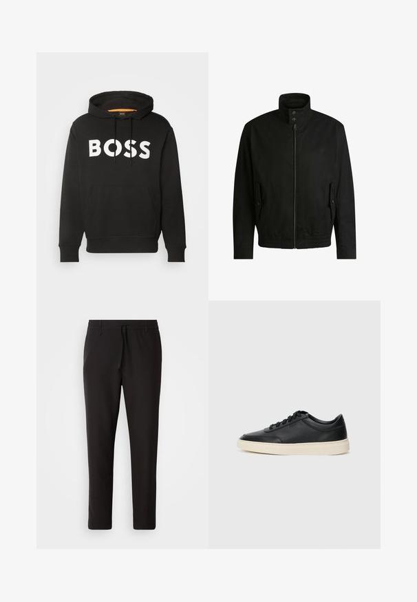 Giacca nera con colletto alto, chiusura con zip e vita elasticizzata. Presenta tasche laterali con flap di copertura e dettagli del logo discreti.; Felpa con cappuccio nera realizzata in misto cotone, con un grande logo bianco "BOSS" sul davanti e una tasca a marsupio in vita.; Pantaloni jogger neri realizzati in tessuto liscio. Presentano una vita elasticizzata con stringa, gambe affusolate e senza tasche visibili. Design semplice.; Sneaker in pelle nera a basso profilo con lacci neri e suola avorio, mostrato di profilo su sfondo bianco.