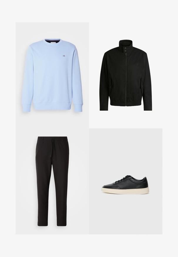 Black jacket with a high collar, zippered front, and elastic waistband. Features side pockets with cover flaps and subtle logo detailing.; Light blue sweatshirt made of soft fabric, featuring a round neck, long sleeves, and a small logo on the chest. Ribbed cuffs and hem.; Black jogger pants made of smooth fabric. Feature an elastic waistband with a drawstring, tapered legs, and no visible pockets. Simple design.; Black low-top leather sneaker with black laces and off-white sole shown in side profile on white background.